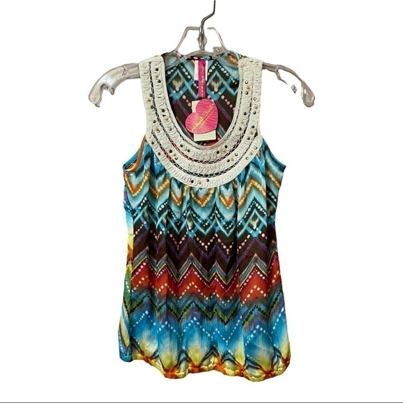 𝅺Y2k tribal beat embellished yoke multi color chevron print tank playful size XS - Picture 1 of 9